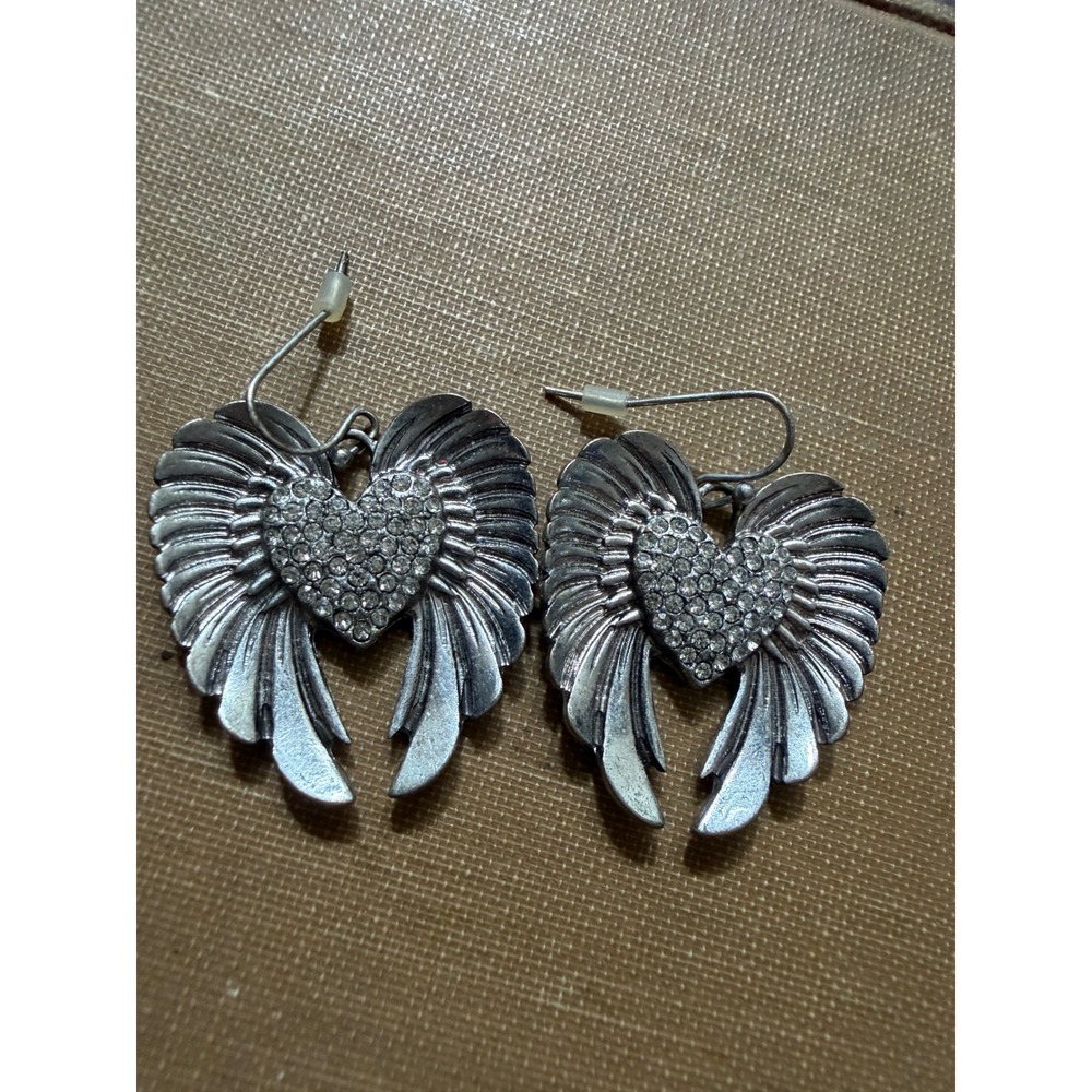 Silver-Tone Angel Wing Heart Pave Rhinestone Drop Earrings Gothic Romantic